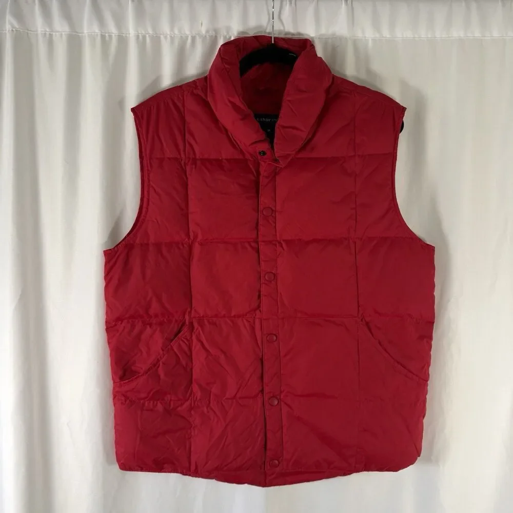 Lands End Puffer Vest Men's Medium Red Duck Down Fill Sleeveless Button Up